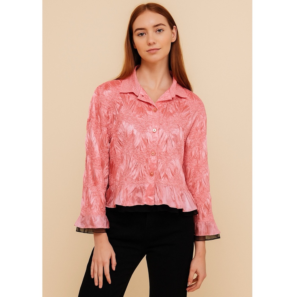 She’s All That | Barbie Pink Y2K Crinkle Mesh Ruffle Lightweight Button Up Shirt